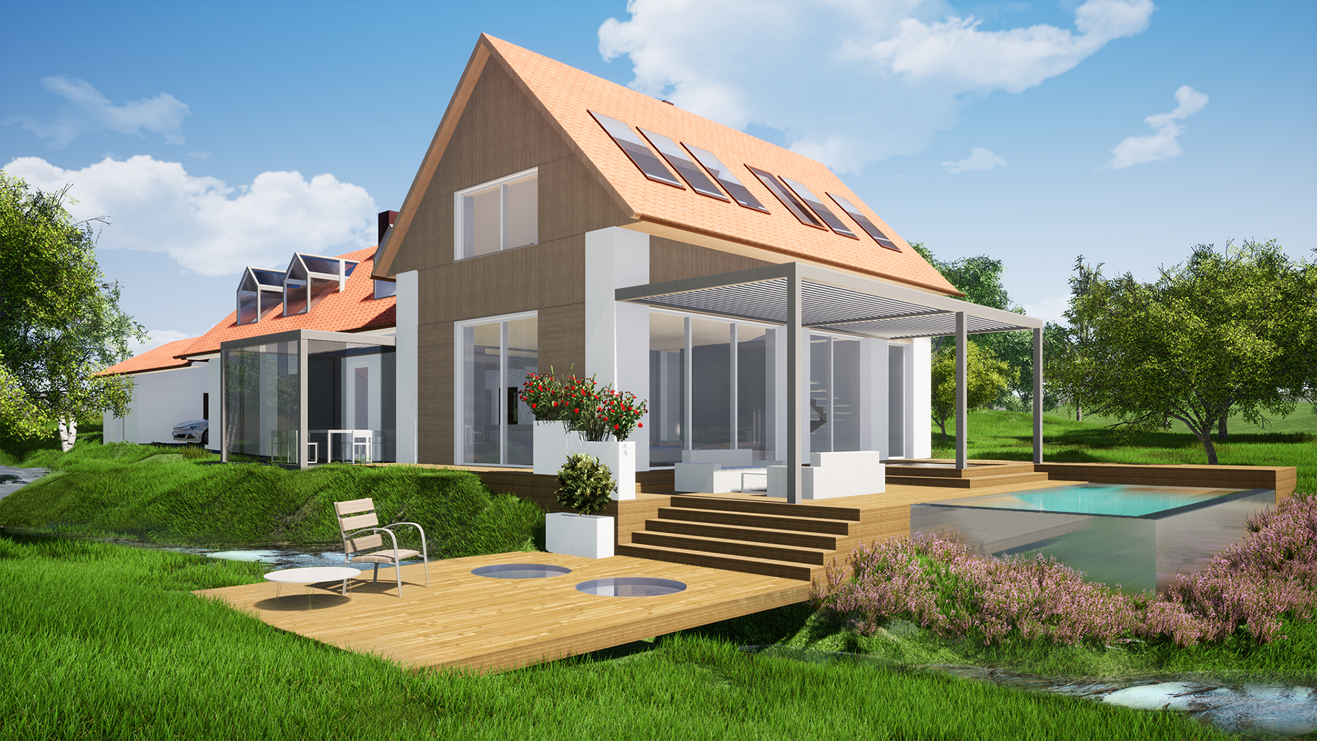 Pohled na budovu od jihozápadu ve fázi dokumentace pro stavební povolení. Vizualizace z BIM modelu pro virtuální realitu